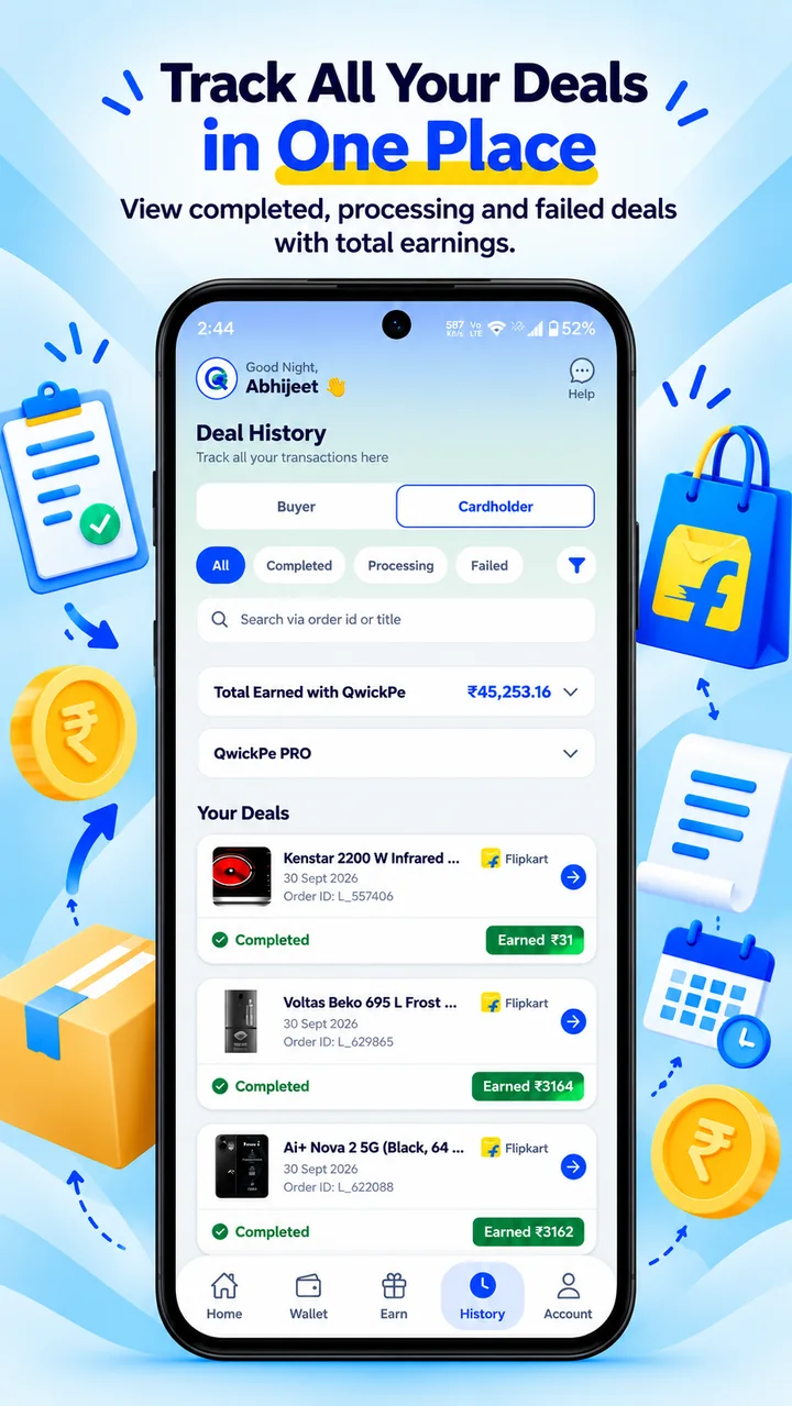 QwickPe deal history showing completed, processing and failed deals