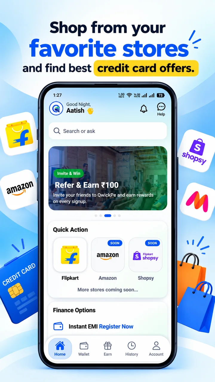 QwickPe home screen showing supported stores and quick actions