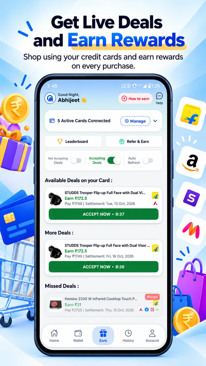 QwickPe live cardholder deals and rewards screen