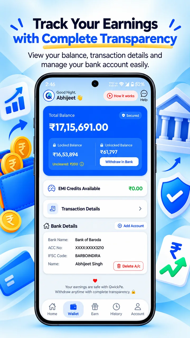 QwickPe wallet screen with balance, transaction and bank details